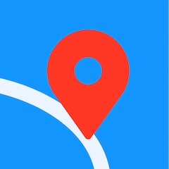 Application icon of the Tripsleep iOS
										  application. On blue electric
										  background a POI red marker in the
										  center points on a white line
										  depicting a road on a map.